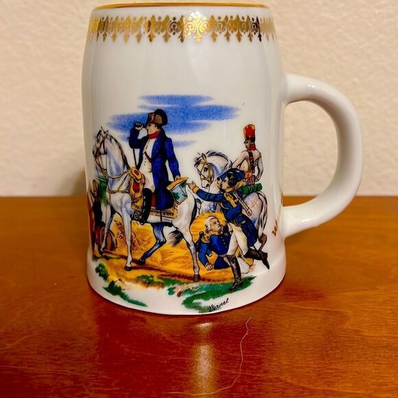 Claude Vernet print of Waterloo and Napoleon 8oz beer mug Vtg French Porcelain